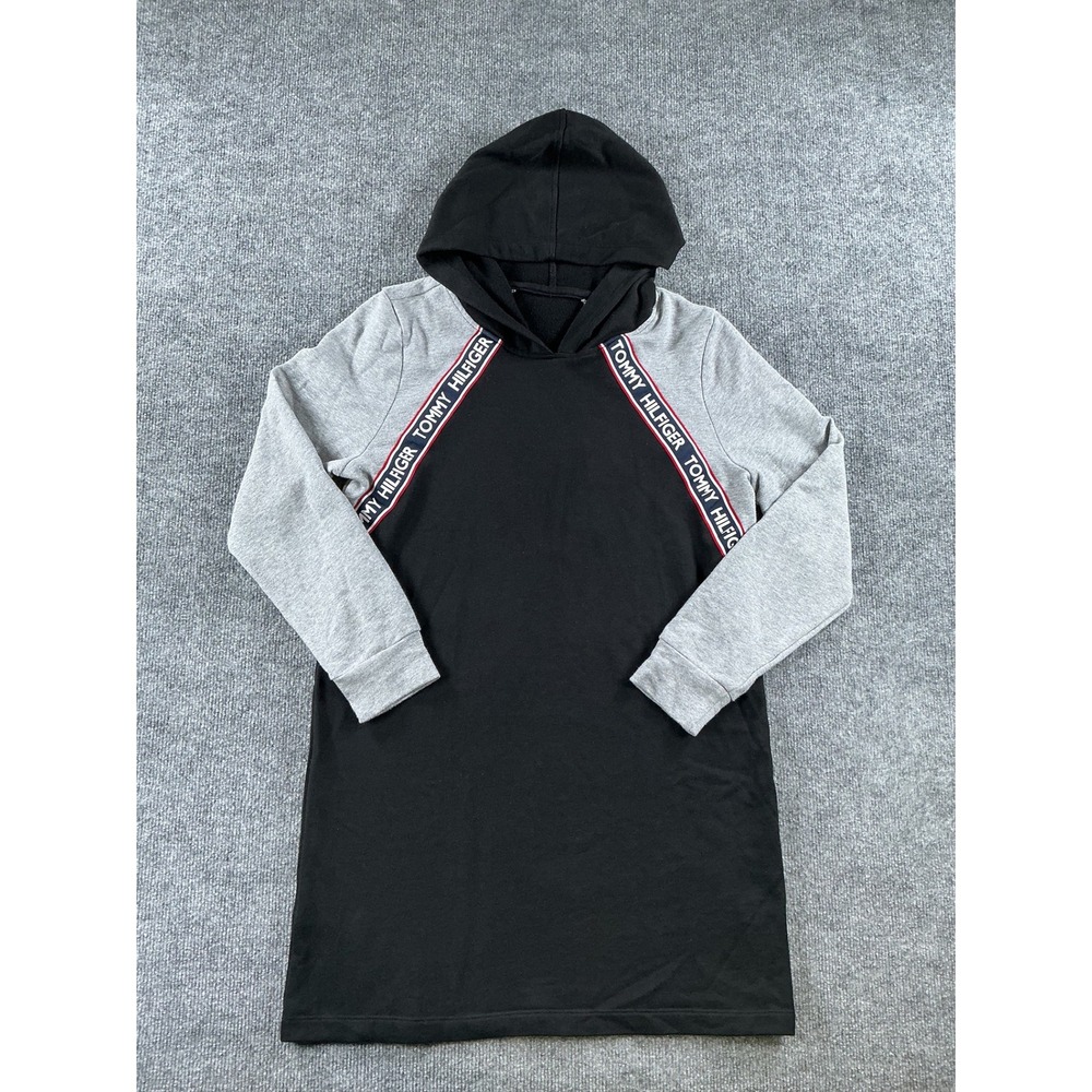 Tommy Hilfiger Womens Hooded Sweatshirt Dress Black Grey Logo Tape Mini L